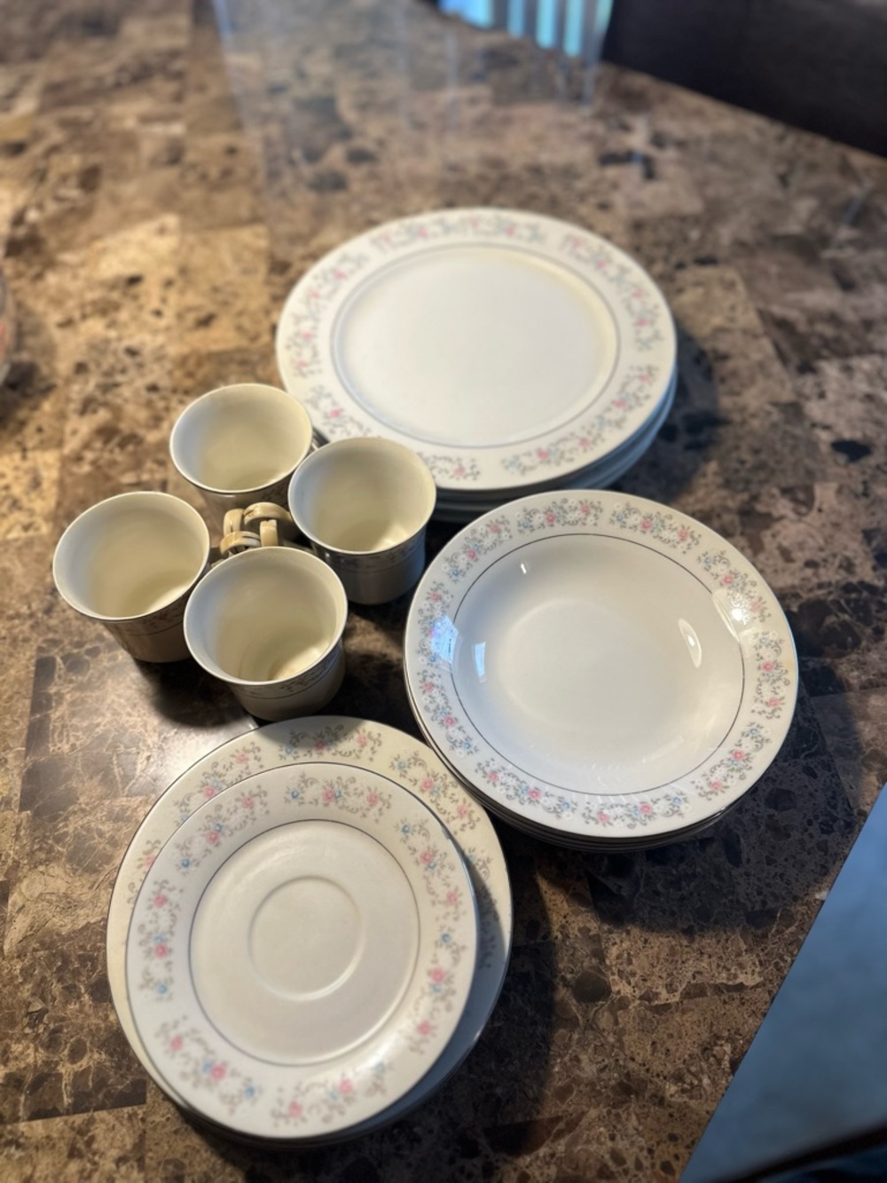 Classic Floral Rim Dinnerware Set - White with Pink Accent
